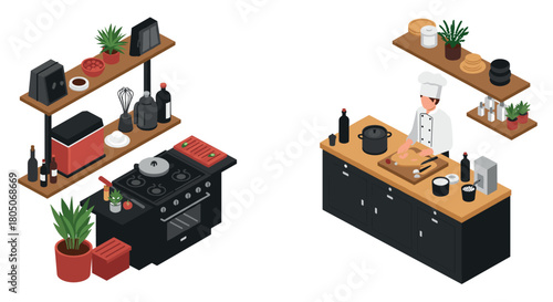 Isometric kitchen scene with chef cooking: modern culinary setup and decor