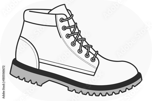 Monochrome Outline Drawing of a Timberland- Style Boot with Laces and Grippy Sole footwear shoe