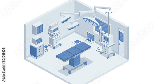 Isometric hospital operating room with modern surgical equipment in monochrome style