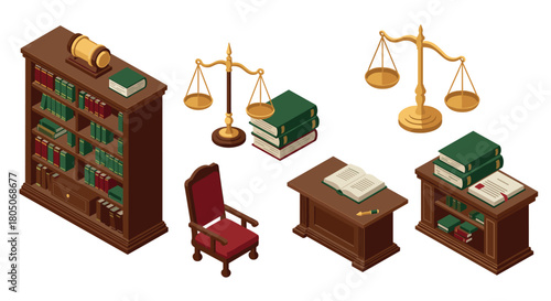 Classic law office furniture isometric concept with books and scales of justice
