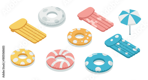 Colorful pool floats and umbrella in isometric style for fun summer designs