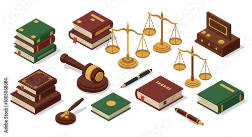 Isometric legal elements with books, scales, gavel, and pen on white background