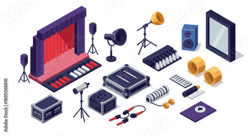 Modern audio equipment in isometric style for music and performance settings