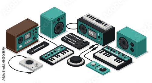 Isometric synthesizers and audio equipment in retro style