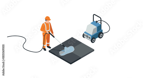 Isometric pressure washer worker cleaning pavement in safety gear