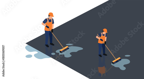 Workers sweeping water in isometric style on construction site