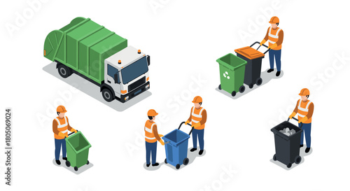 Isometric waste management: workers and recycling bins with garbage truck
