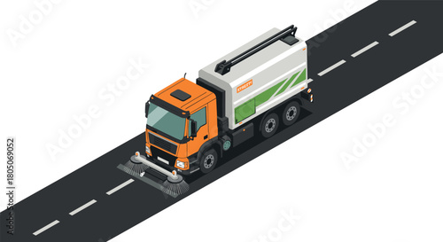 Isometric street sweeper truck on road vector 3d city cleaning illustration