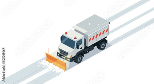 Snow plow truck in motion on winter road isometric design