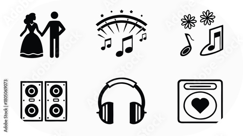 Music and Dance Icons Featuring Couple Speakers Headphones and Record Player woman