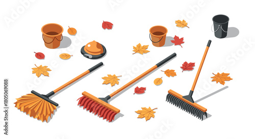 Autumn cleaning tools with rakes and brooms amidst falling leaves in isometric design