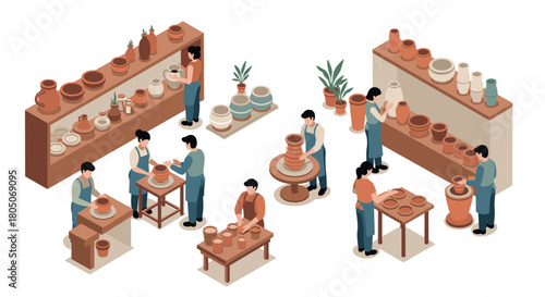 Isometric pottery workshop scene with artisans crafting ceramics