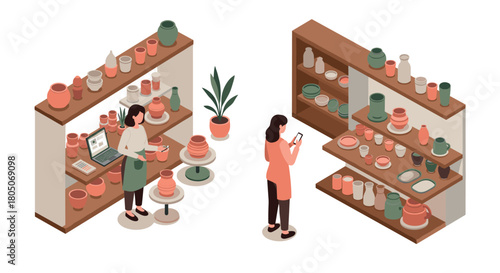 Isometric pottery shop with people browsing ceramic vases and bowls on shelves