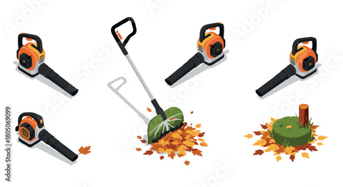 Autumn leaf cleaning tools with isometric garden equipment and fallen leaves