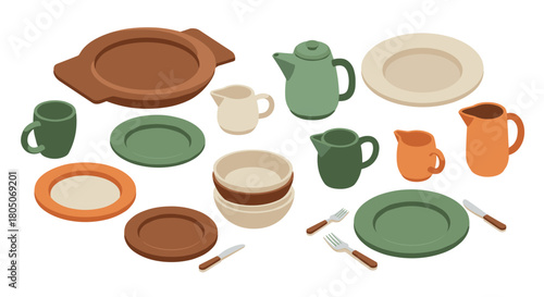 Isometric kitchenware set: colorful plates, mugs, and utensils for modern dining