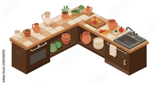 Isometric kitchen counter with rustic decor and fresh vegetables