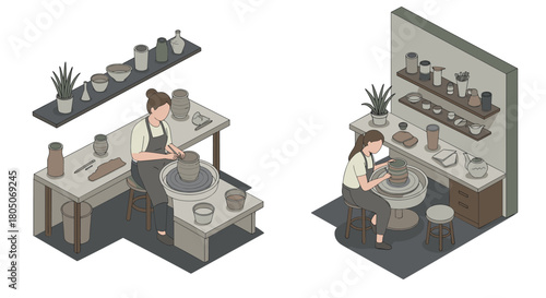 Isometric pottery studio scene with people creating ceramic art