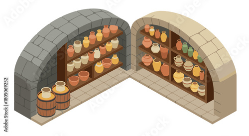 Ancient ceramic pottery collection in a stone archway display