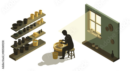 Isometric pottery studio with silhouette potter crafting clay in sunlit room