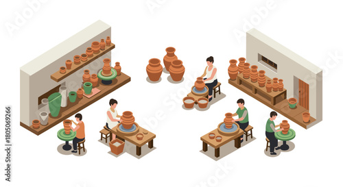 Isometric pottery studio scene with artists crafting clay sculptures and finished ceramics