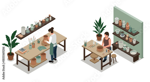 Isometric pottery studio: creative workshop with clay and artistic tools
