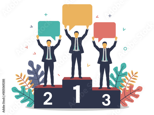 Three businessmen standing on a podium holding speech bubbles aloft