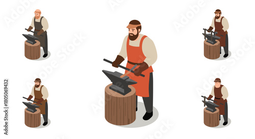 Isometric blacksmith characters working with anvil and hammer on white backgr…