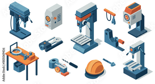 Isometric industrial machinery set: drill press, milling equipment, safety gear