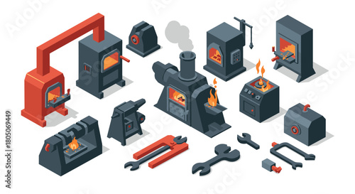 Industrial furnace and tools in 3d isometric design with vibrant details