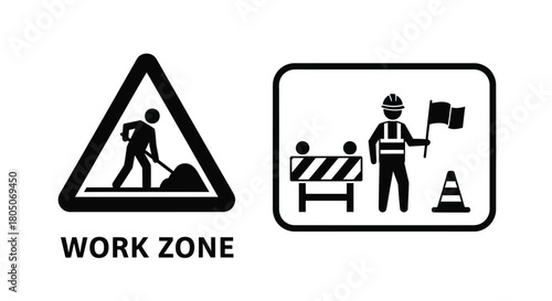 Construction zone warning signs road work ahead flagger and barriers depicted