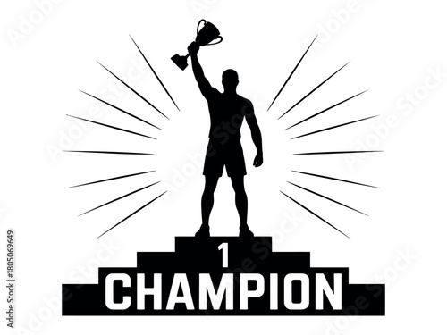 Silhouette of a champion holding a trophy on a podium with sun rays