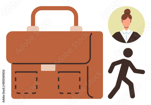 Brown briefcase, avatar of professional woman, walking figure icon. Ideal for business, career, professionalism, job search, ambition entrepreneurship teamwork. Simple flat metaphor