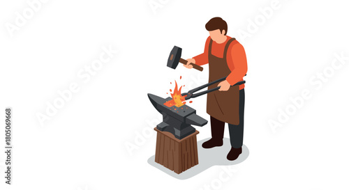 Isometric blacksmith at work with anvil and hammer in workshop scene