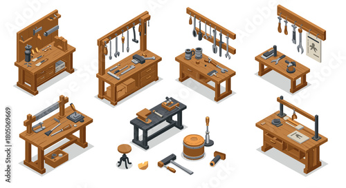 Collection of isometric woodworking workshop scenes with tools and benches