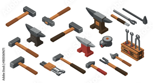 Isometric set of blacksmithing tools in 3d style for crafting and metalwork