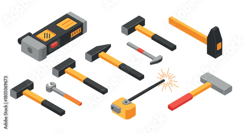 Isometric tool set with hammers and measuring tape