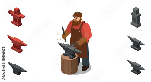 Isometric blacksmith working at anvil with tools and red iron anvils