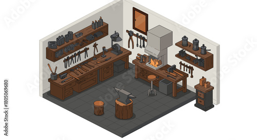 Cozy isometric workshop with tools and equipment in rustic setting