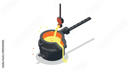 Isometric molten metal pouring into crucible with industrial machinery elements