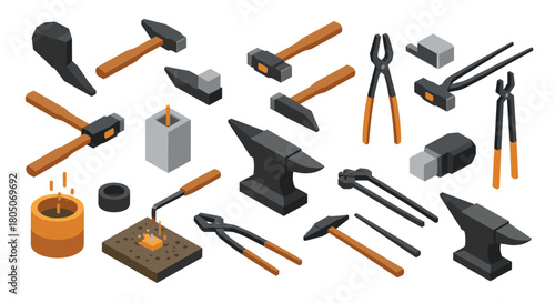 Isometric blacksmith tools collection: anvil, hammer, pliers, forge elements