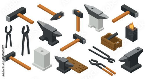Industrial tools set with hammers and anvils in isometric design