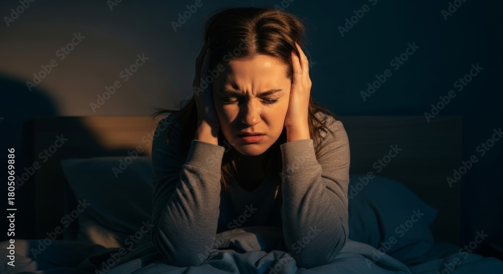 Fototapeta premium Distressed young woman suffering from headache or noise in bed at night