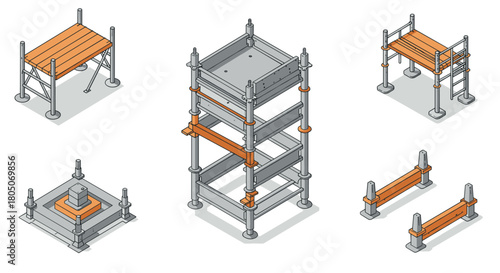 Isometric construction scaffold set with metal and wood platforms