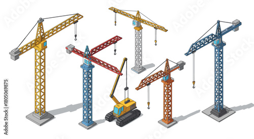 Isometric construction cranes and machinery on white background