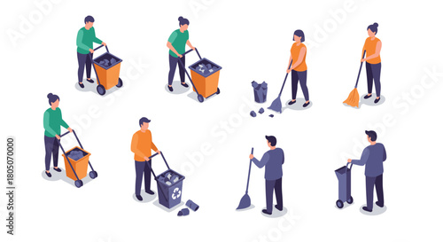 Isometric people cleaning: recycling and waste management activities