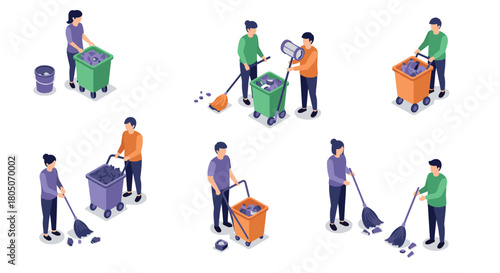 Isometric people sorting and managing waste efficiently for recycling