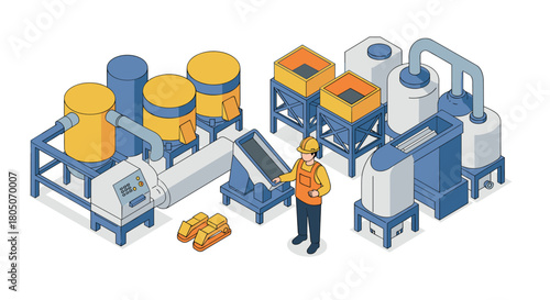 Modern isometric factory with worker and industrial machinery
