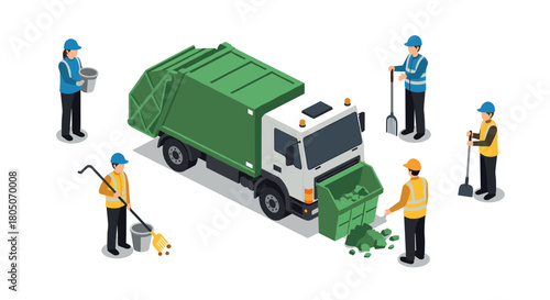 Isometric garbage collection scene with workers and truck