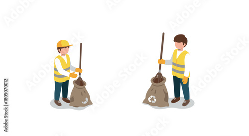 Isometric cleanup crew with recycle bags in safety vests