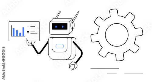Robot holding analytics board with graph, large gear symbolizing process optimization. Ideal for AI concepts, automation, engineering, technology, innovation, data management problem-solving. Simple